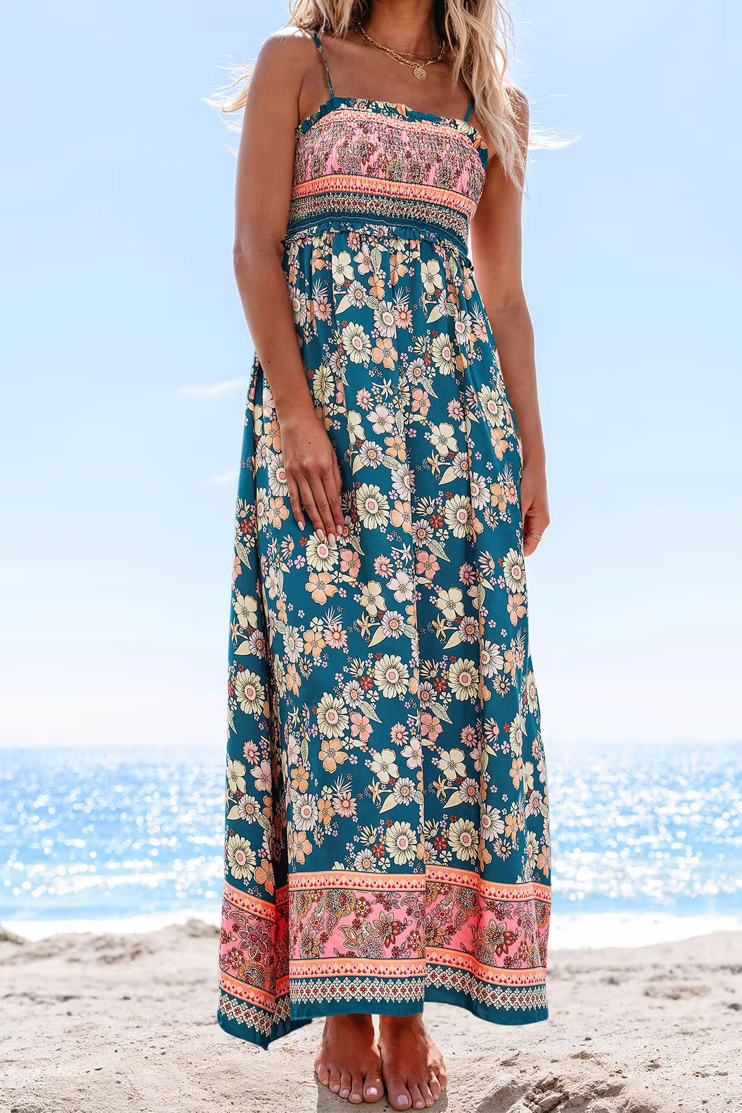 Spring Bloom Floral Smocked Square Neck Maxi Dress
