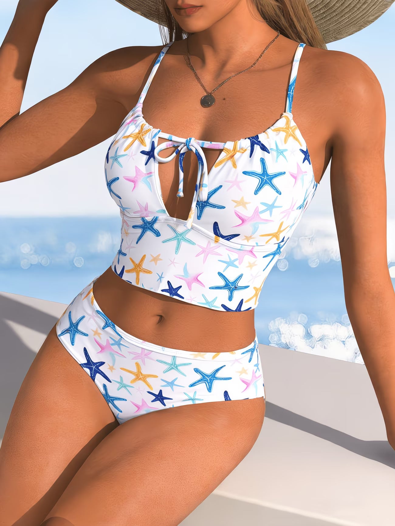 Starfish Print Front-Tie Short White Tankini Set