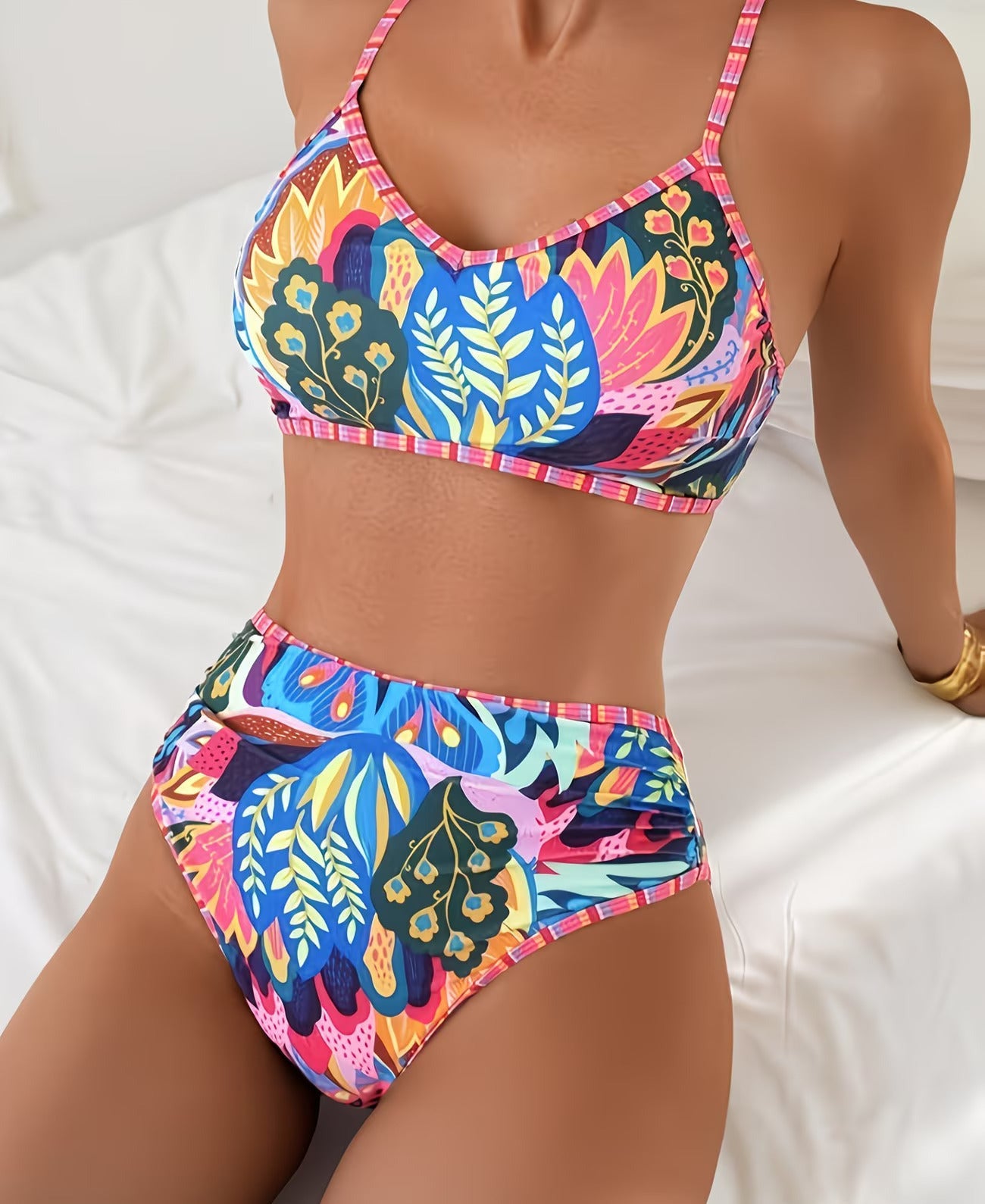 Colorful Floral Ring Detail High-Waisted Bikini Set