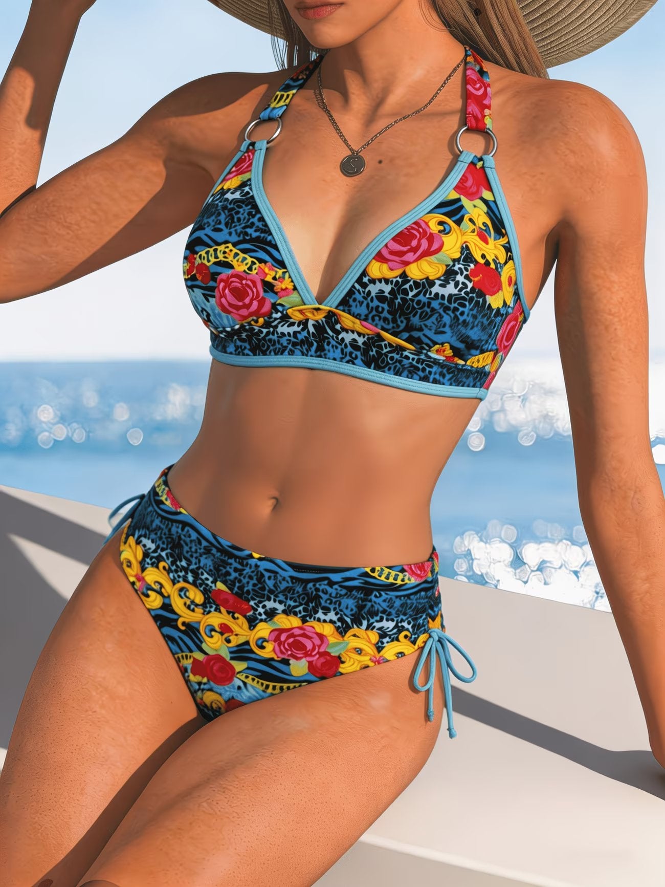Blue Rose Baroque Ring Halter Bikini Set