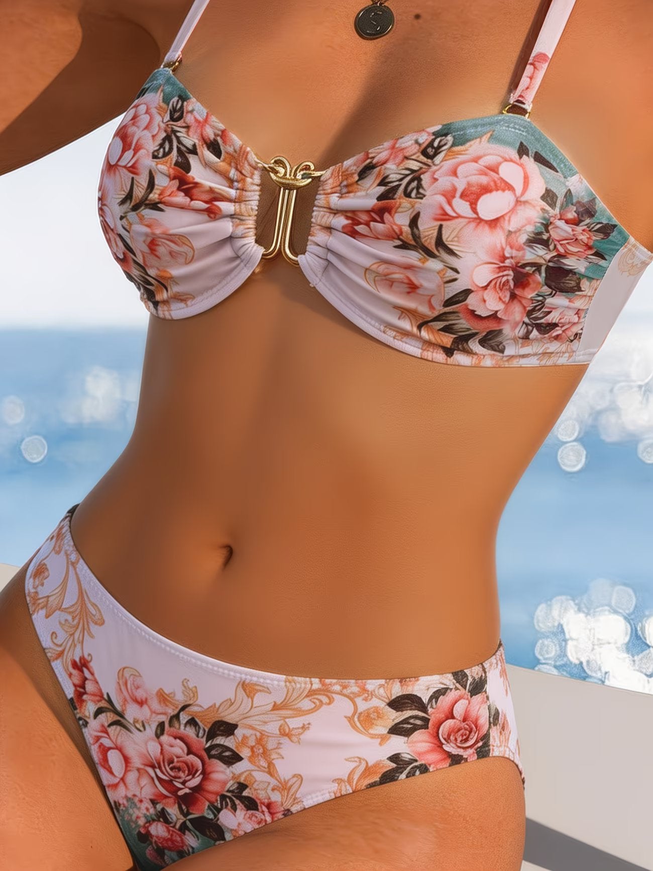 Floral Buckle Detail Off-White Bikini Set