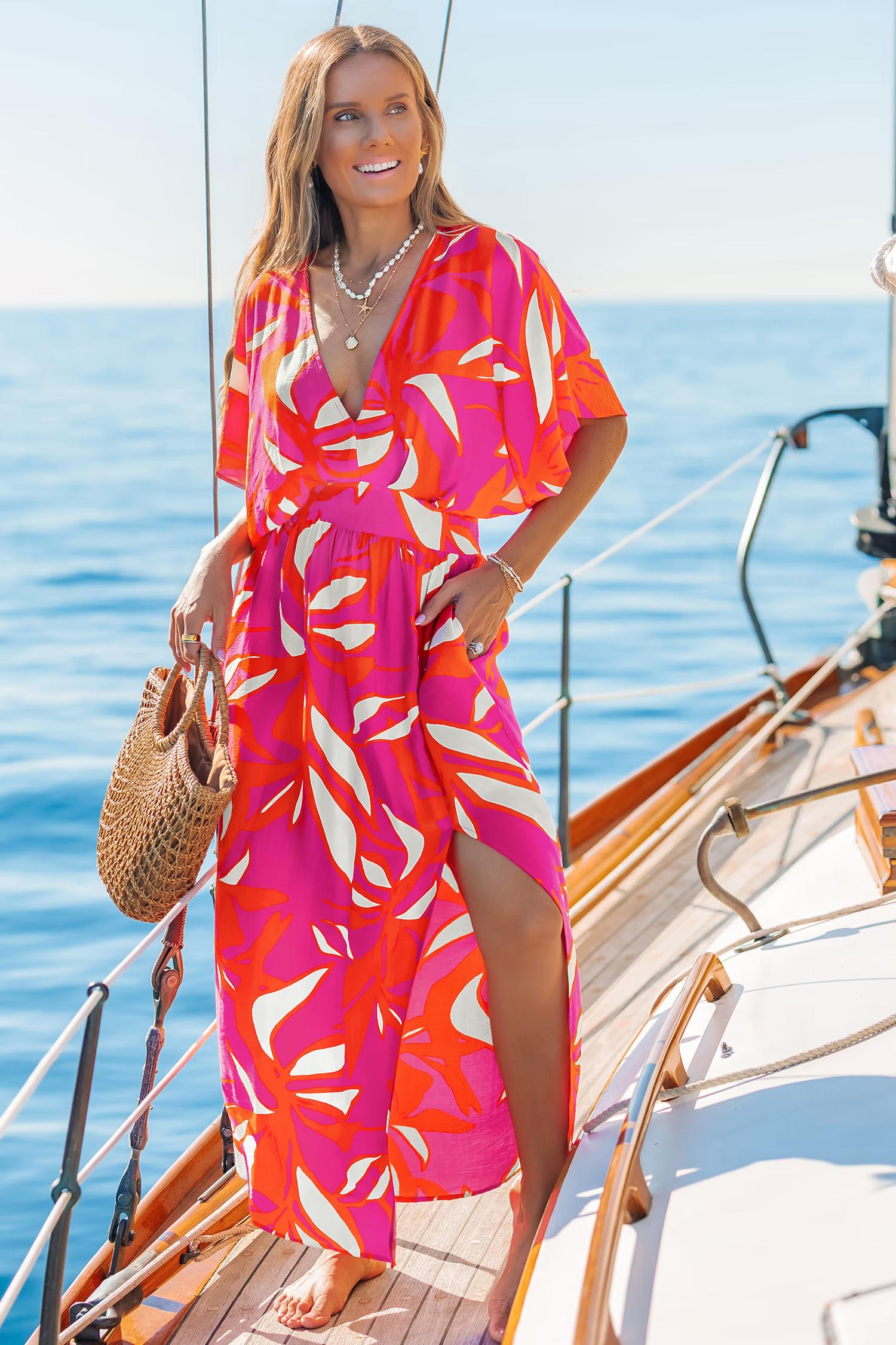 Tropical V-Neck Dolman Sleeve Midi Dress