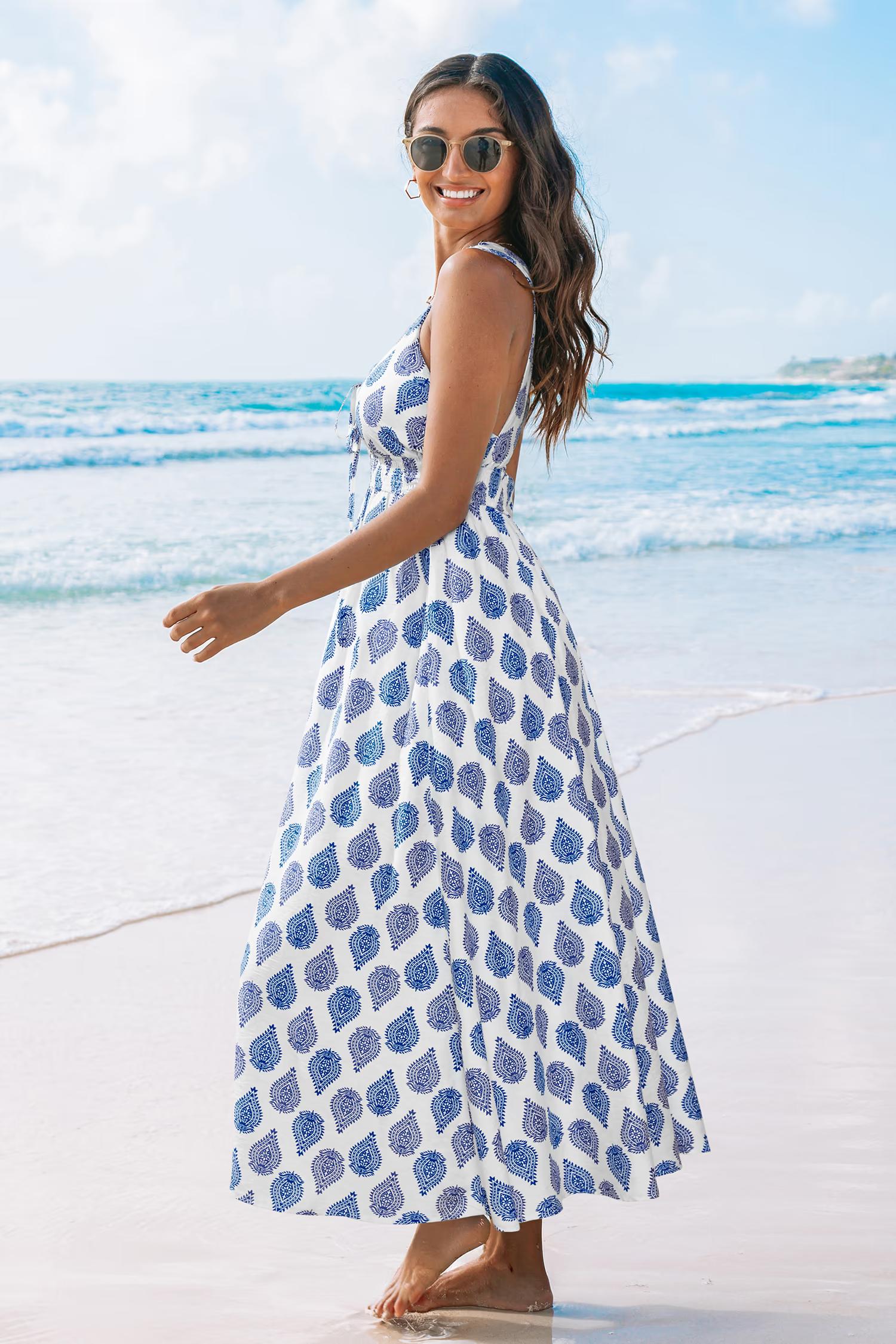 Ethnic Geo Print Plunge Neck Sleeveless Maxi Dress