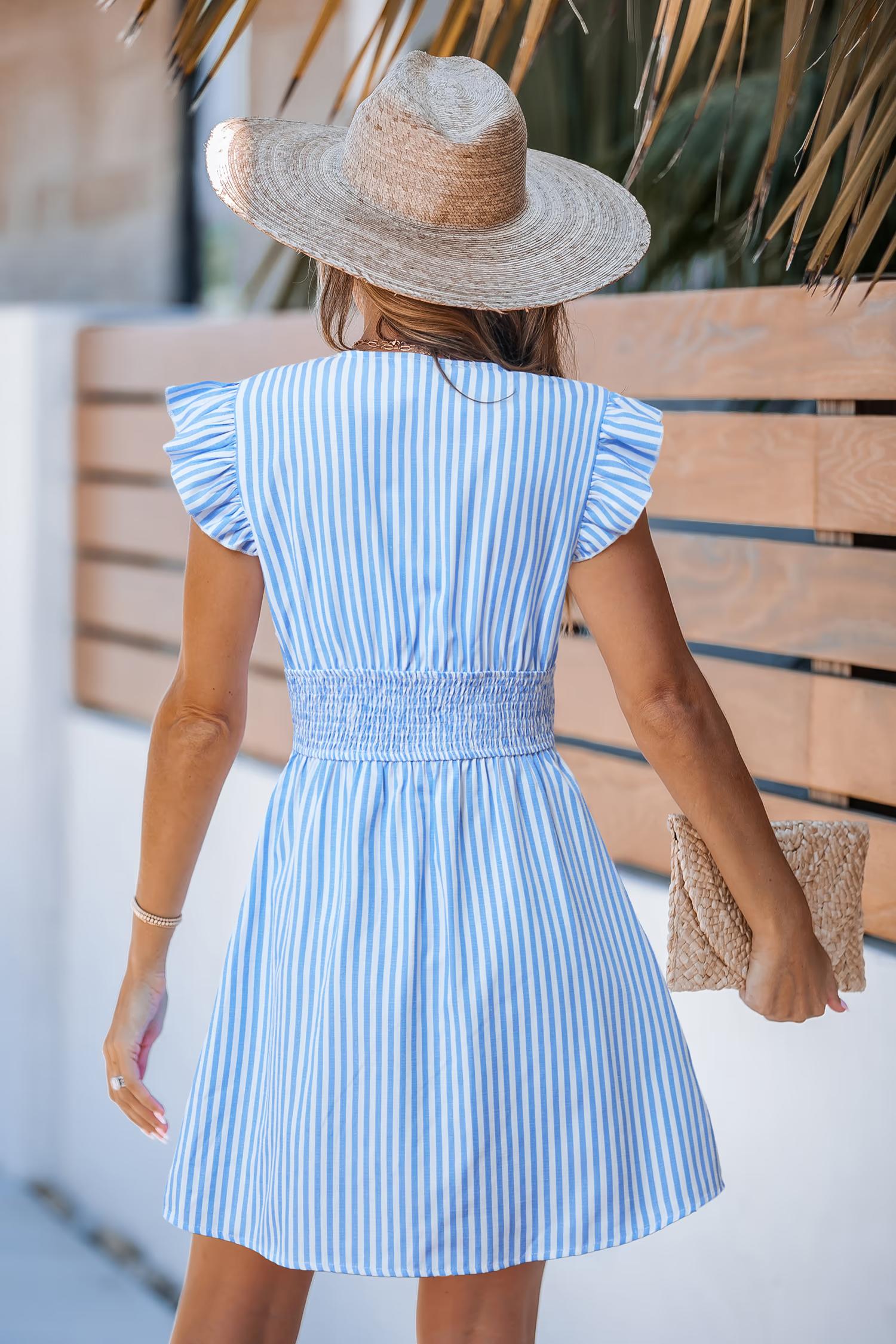 Blue Striped V-Neck Flutter Sleeve Mini Dress