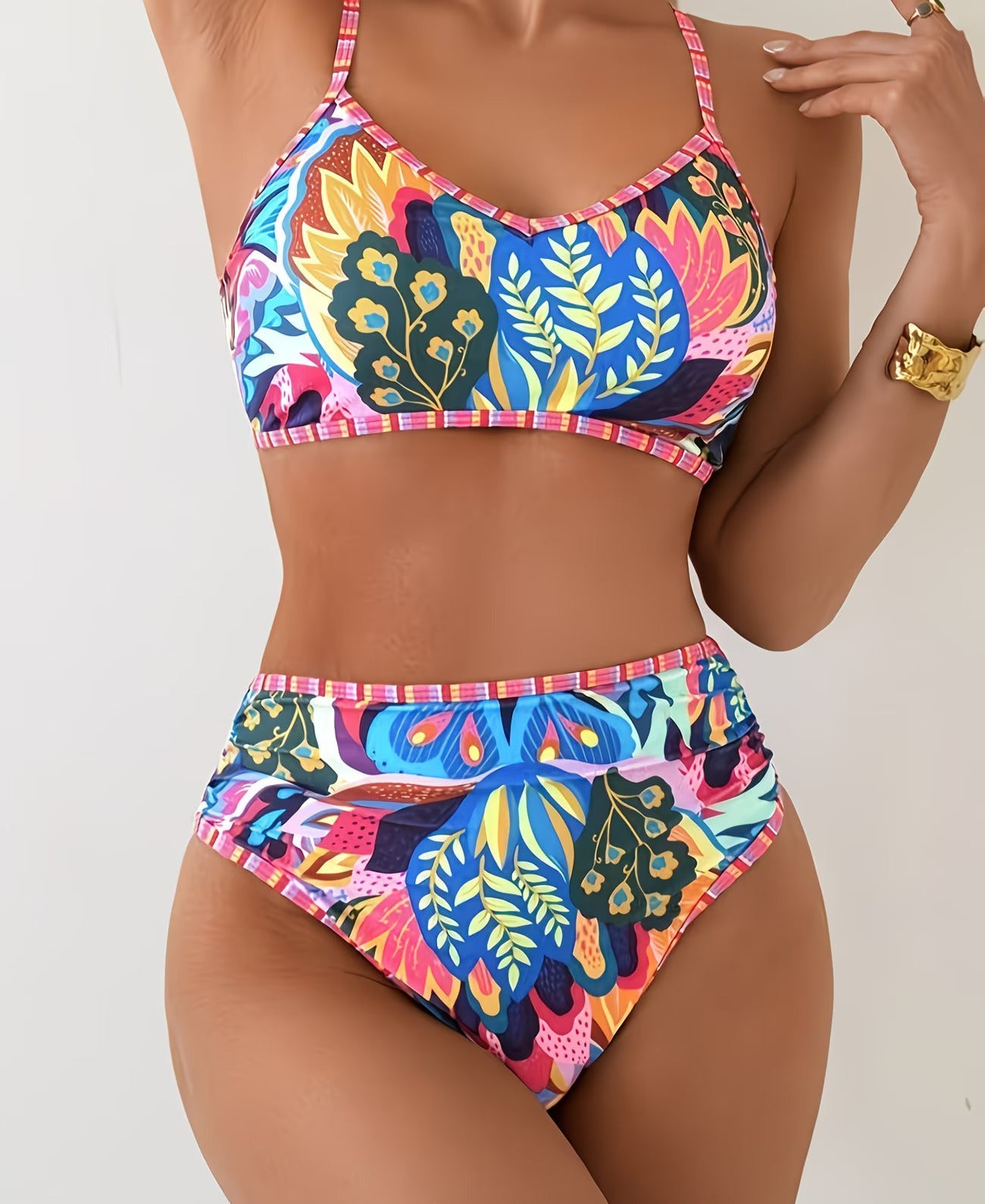 Colorful Floral Ring Detail High-Waisted Bikini Set