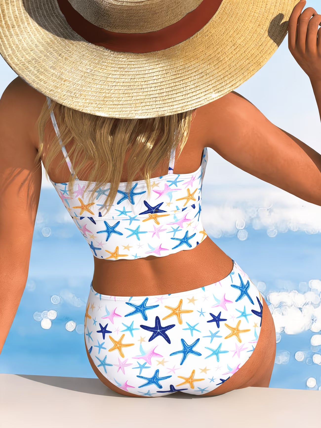 Starfish Print Front-Tie Short White Tankini Set