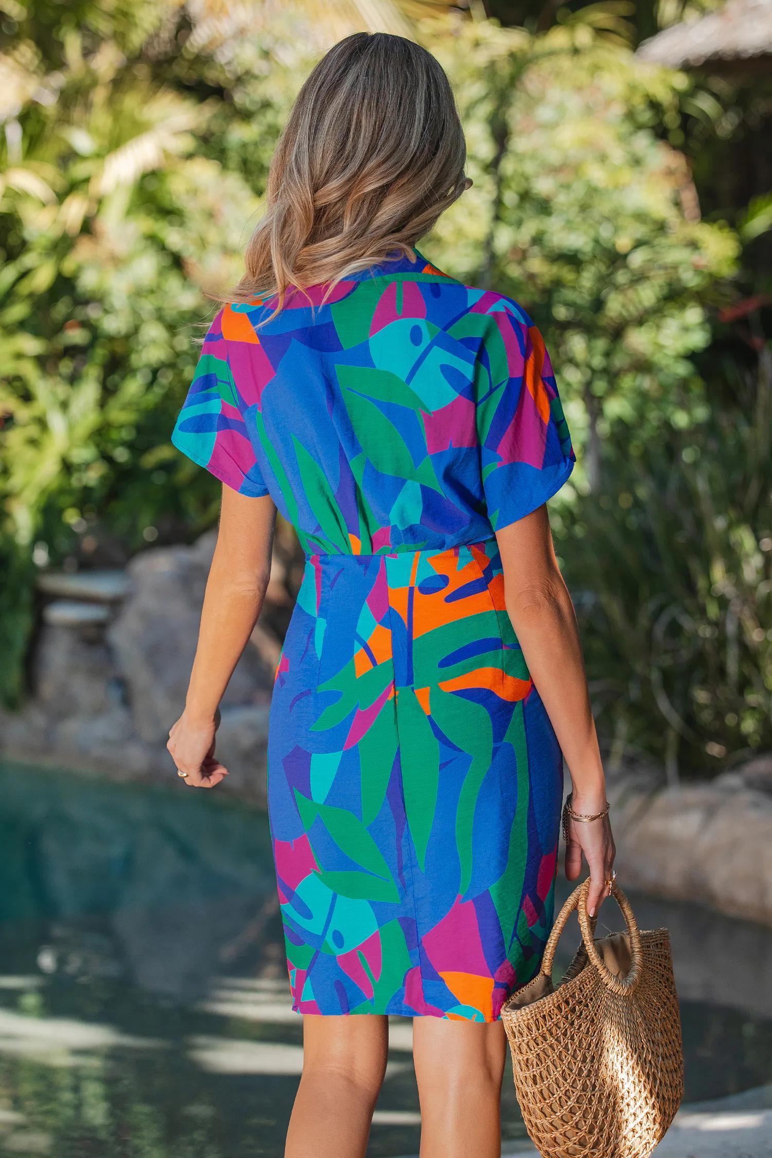 Abstract Collared Short Sleeve Mini Dress