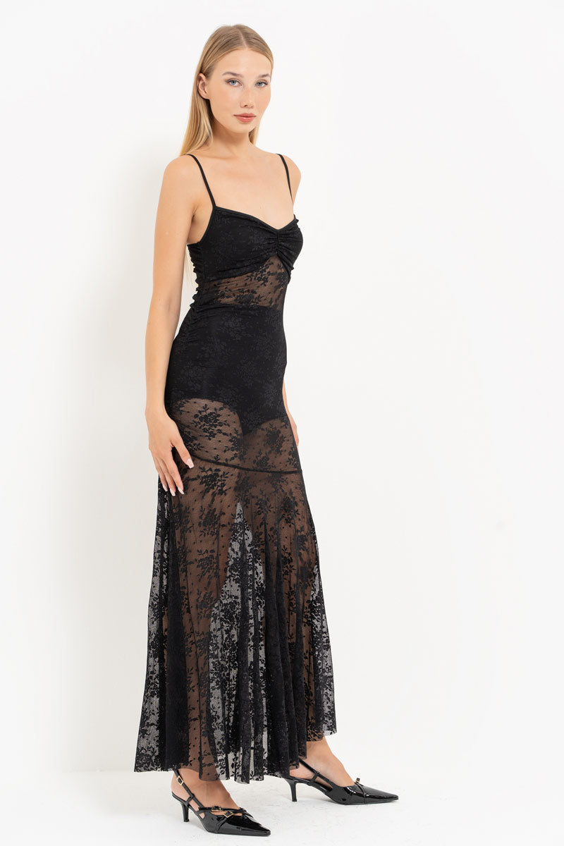 Black Strappy Sheer Lace Dress