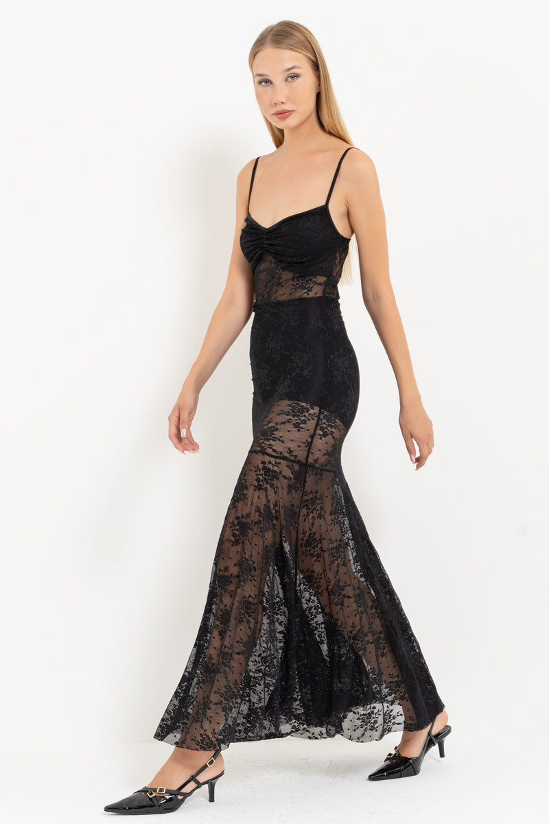Black Strappy Sheer Lace Dress