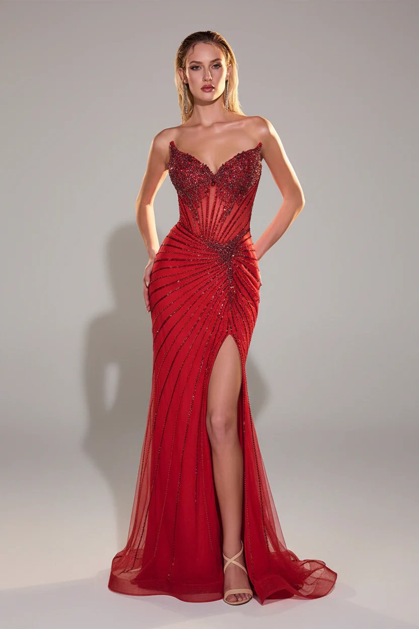 Strapless Beaded Sequin Gown with Corset Back