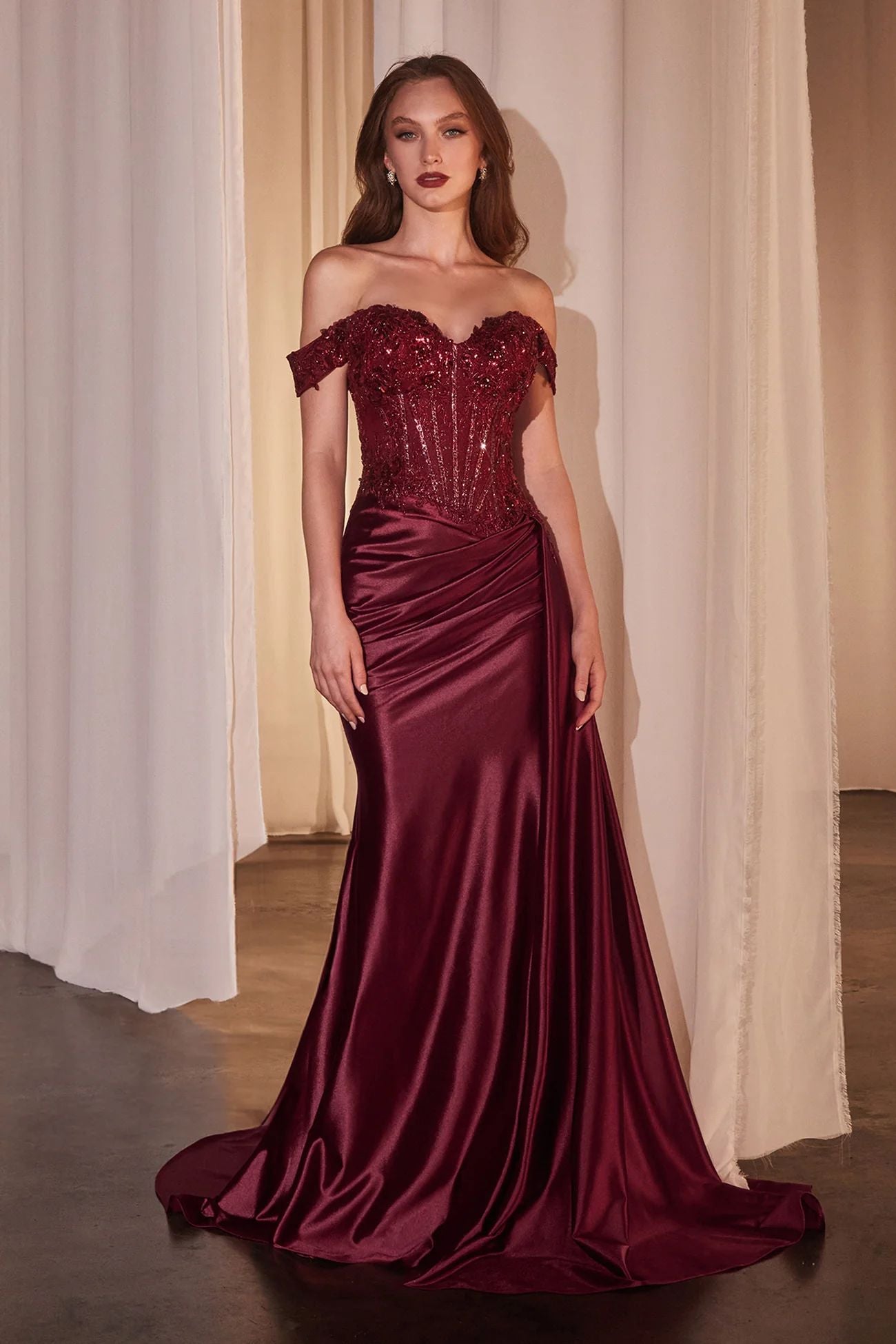 Off-Shoulder Lace Satin Evening Gown with Slit