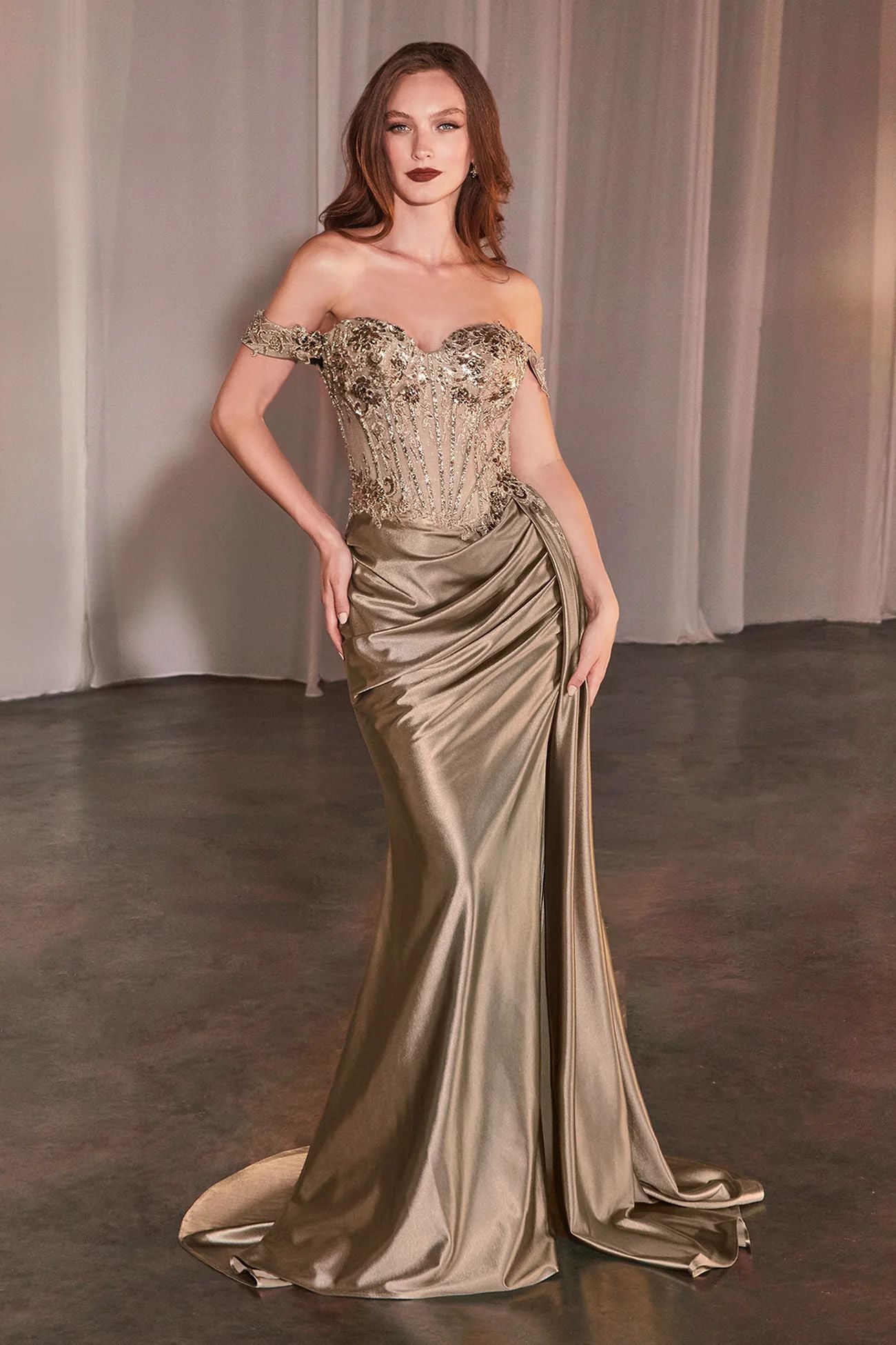Off-Shoulder Lace Satin Evening Gown with Slit
