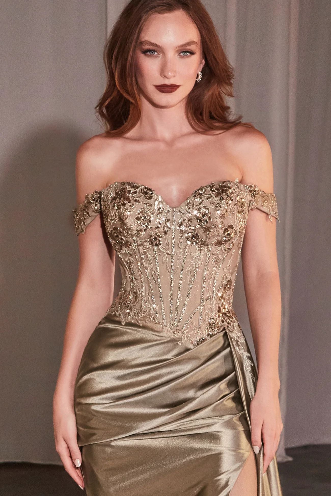 Off-Shoulder Lace Satin Evening Gown with Slit