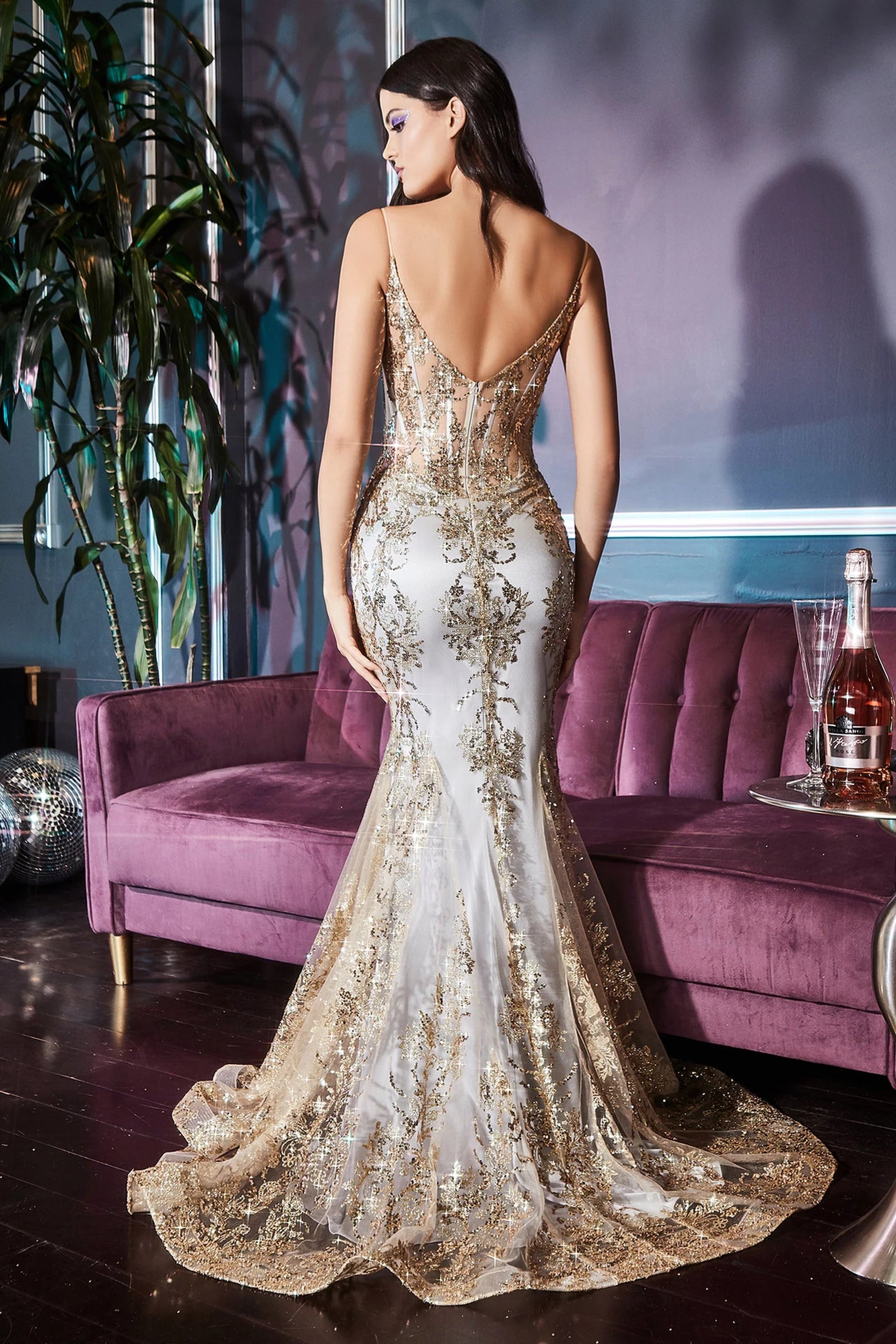 Metallic Lace Mermaid Sheer Corset V Neck Prom Dress