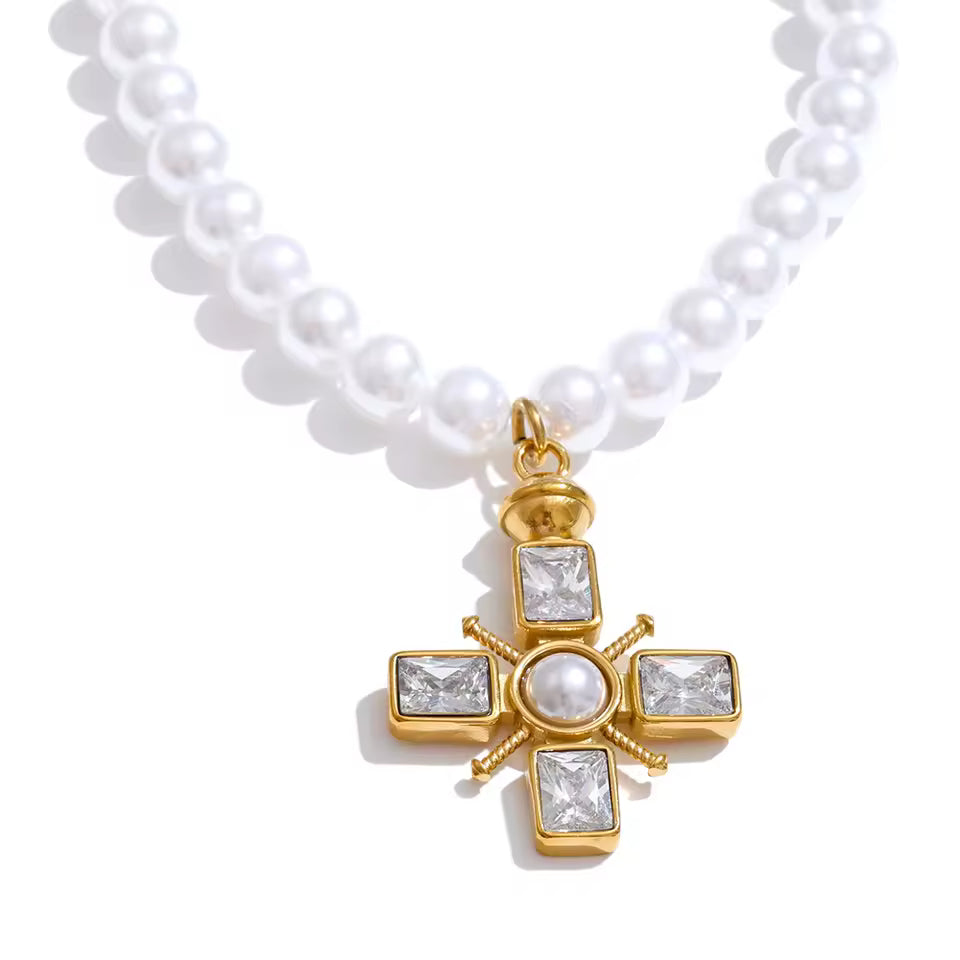 Pearl Cubic Zirconia Cross Pendant Necklace