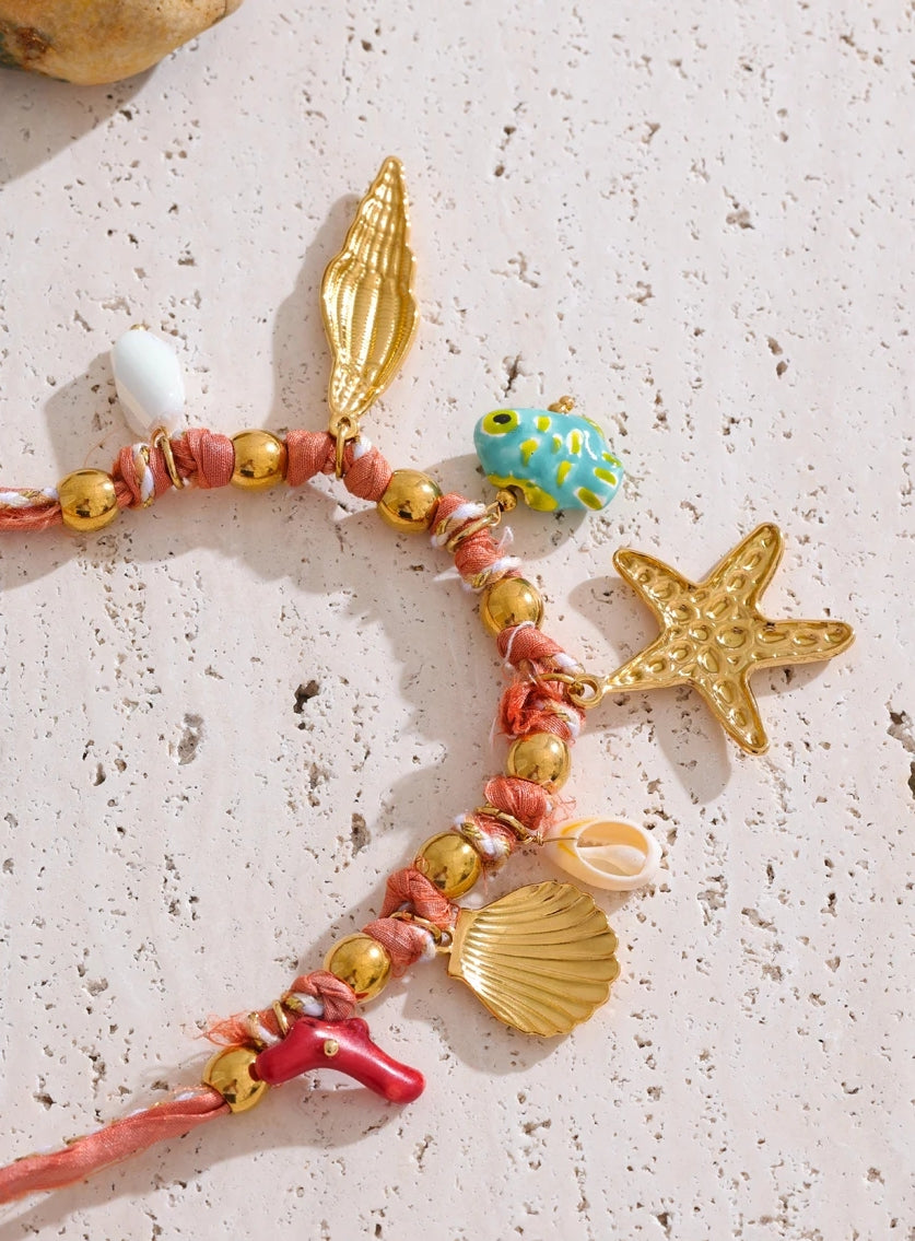 Braided Red Rope Sea Charms Necklace