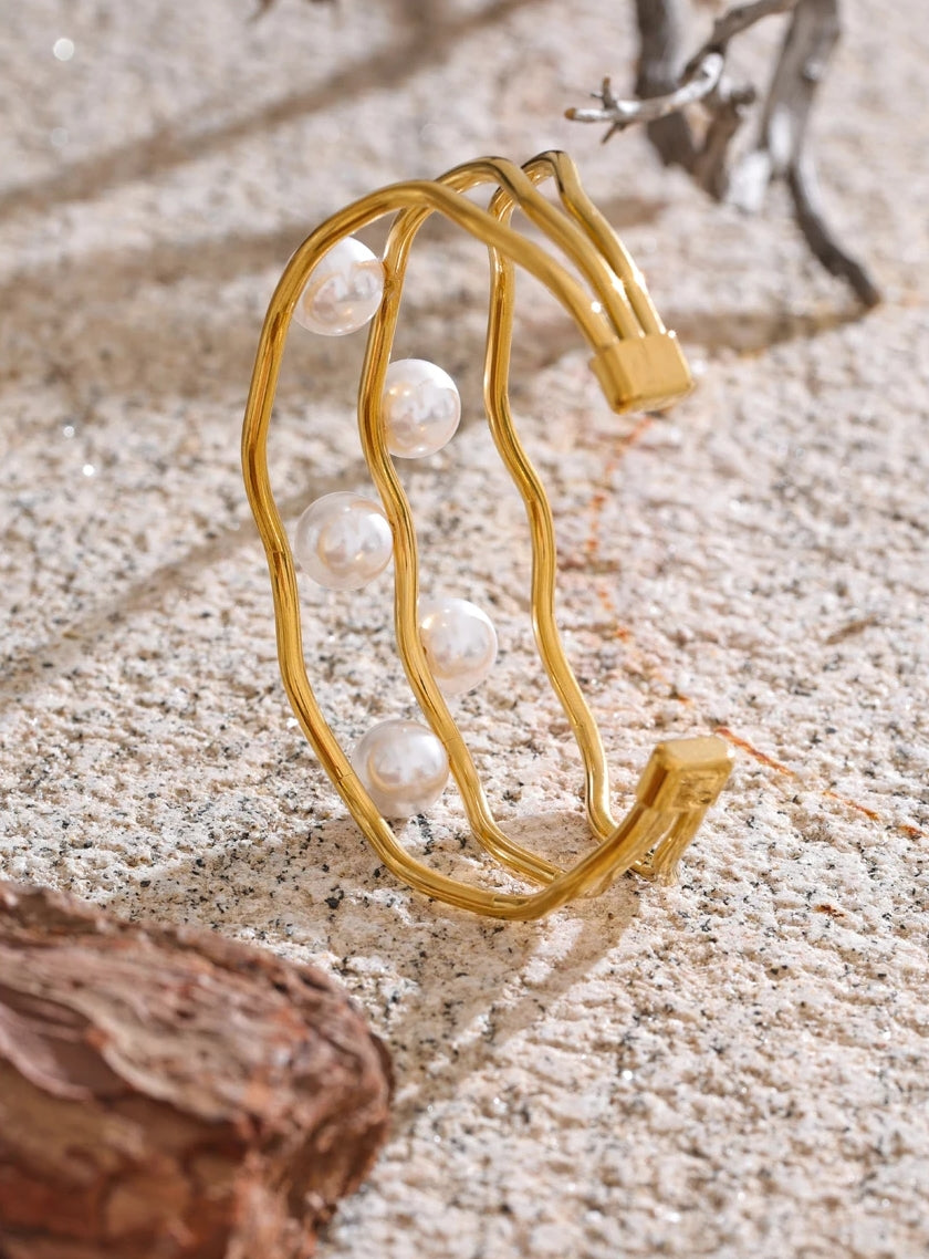 Simulated Pearl Layered Hollow Cuff Bracelet