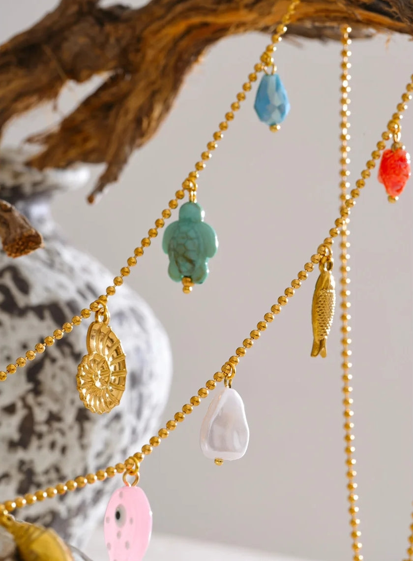 Colorful Ceramic Sea Charm Necklace with Gold Chain