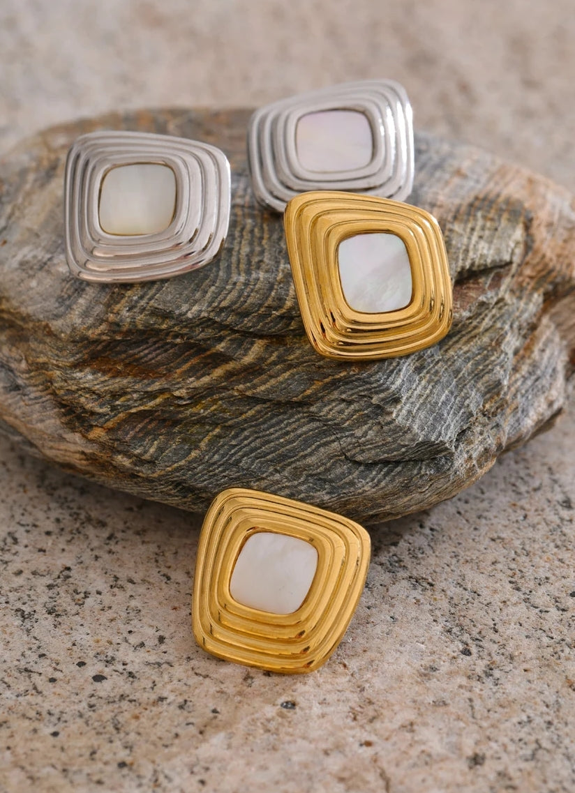 Asymmetric Square Stud Earrings with Shell Detail