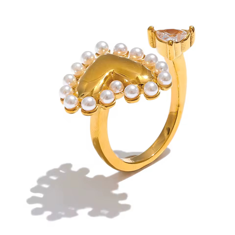Adjustable Zircon & Simulated Pearl Heart Open Ring