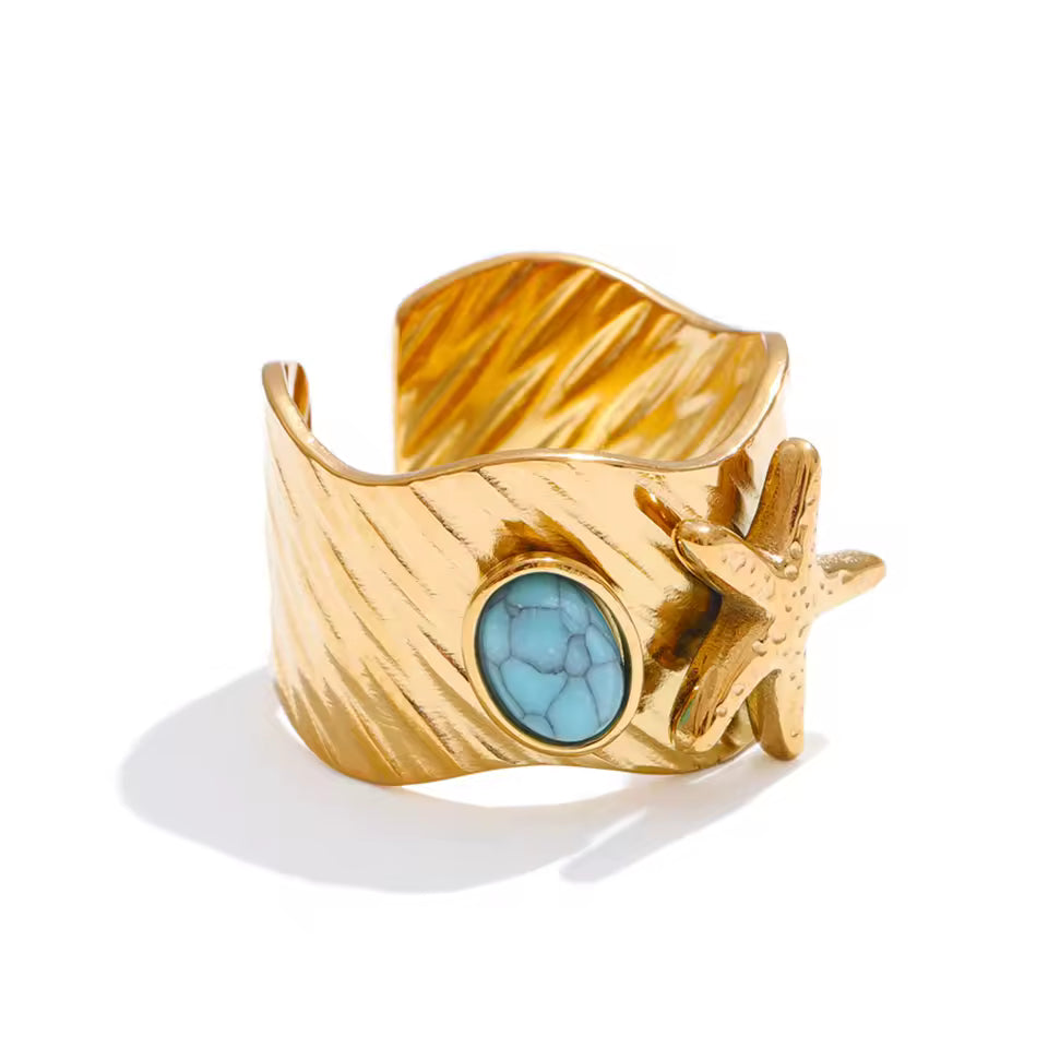 Starfish & Natural Blue Turquoise Stone Adjustable Ring