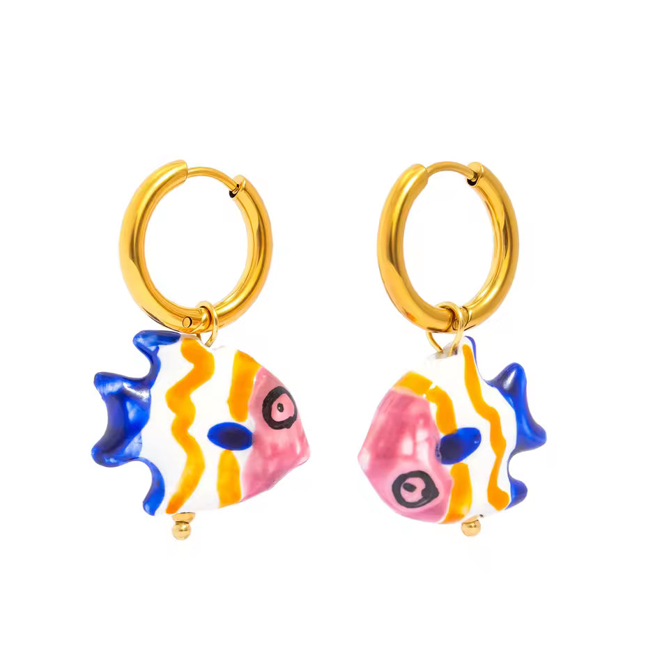 Hand Painted Ceramic Tropical Fish Hoop Earrings