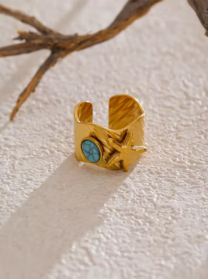 Starfish & Natural Blue Turquoise Stone Adjustable Ring