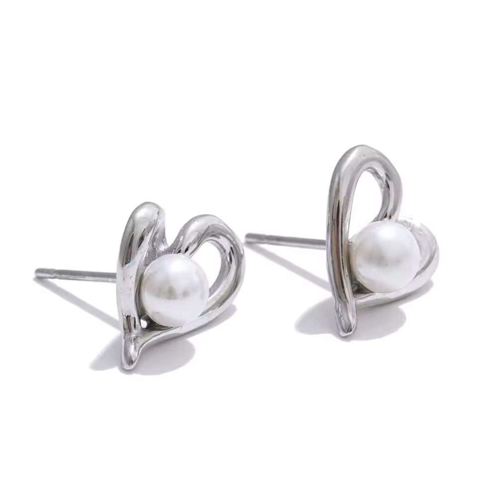 Asymmetrical Heart Pearl Stud Earrings