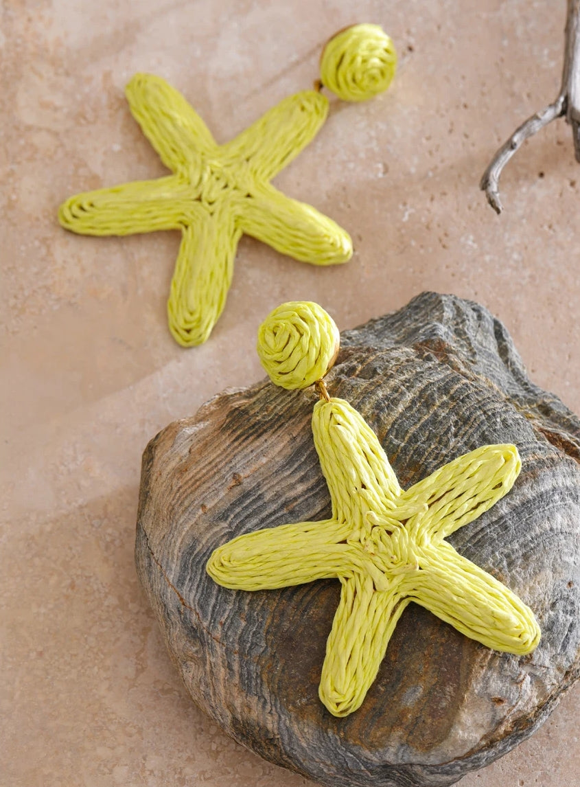 Green Raffia Starfish Dangle Earrings