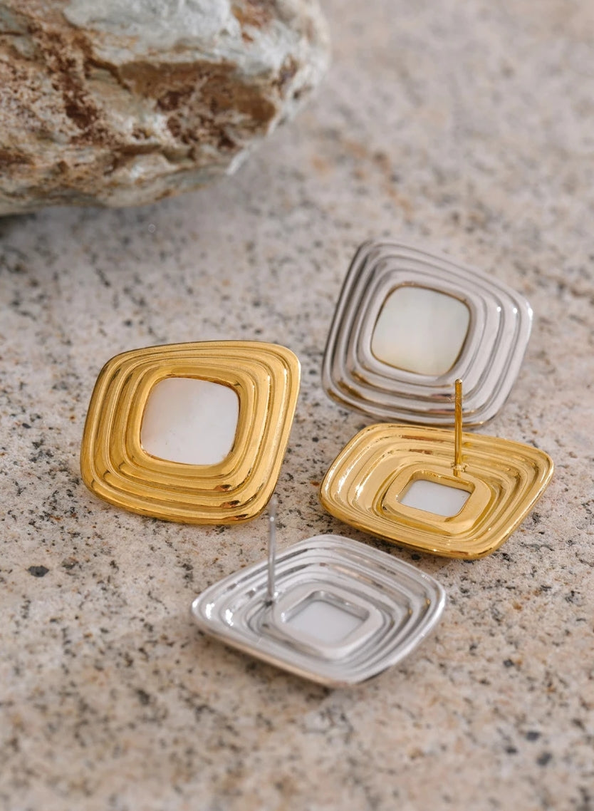 Asymmetric Square Stud Earrings with Shell Detail