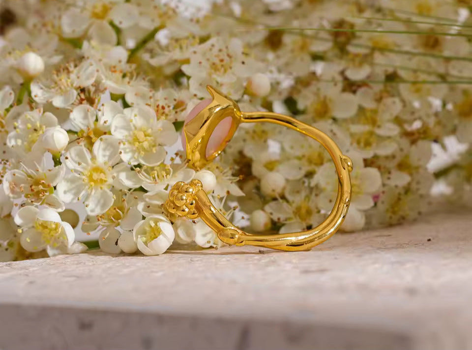 Natural Rose Quartz Stone & Flower Adjustable Open Ring