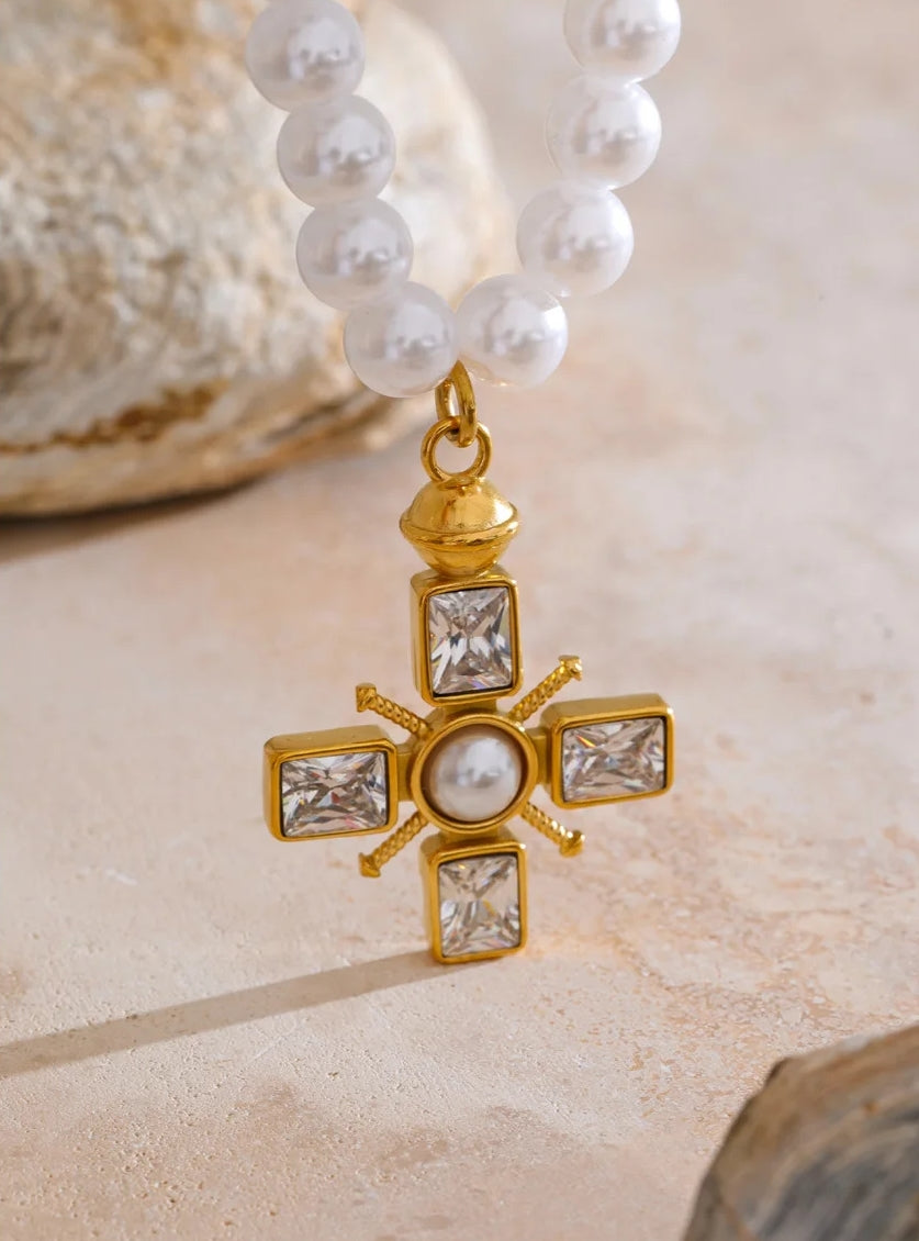 Pearl Cubic Zirconia Cross Pendant Necklace