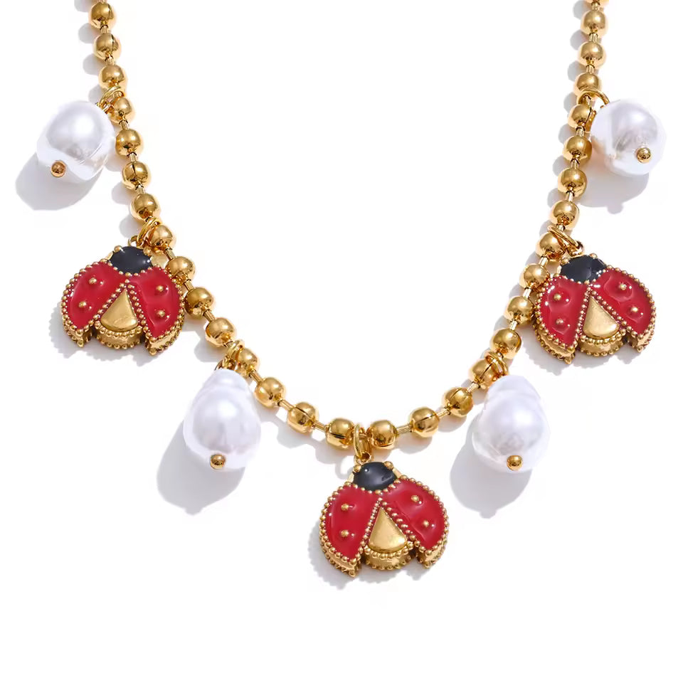 Natural Pearls & Enamel Ladybird Charms Necklace
