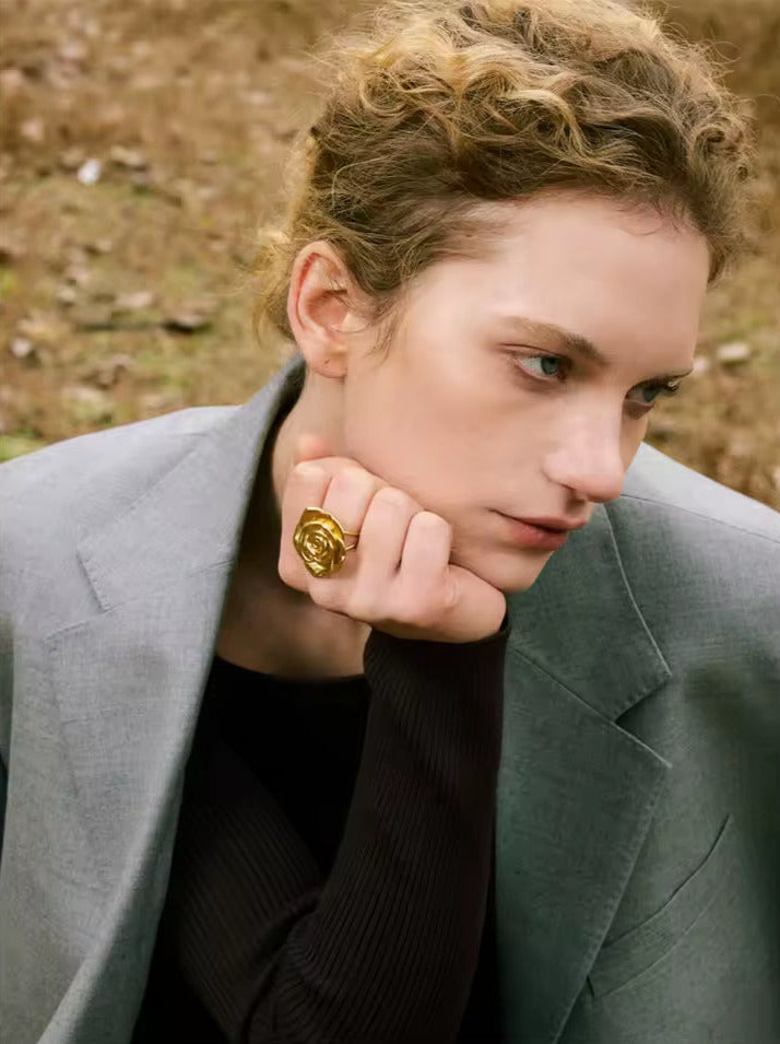 Adjustable Metal Texture Flower Open Ring