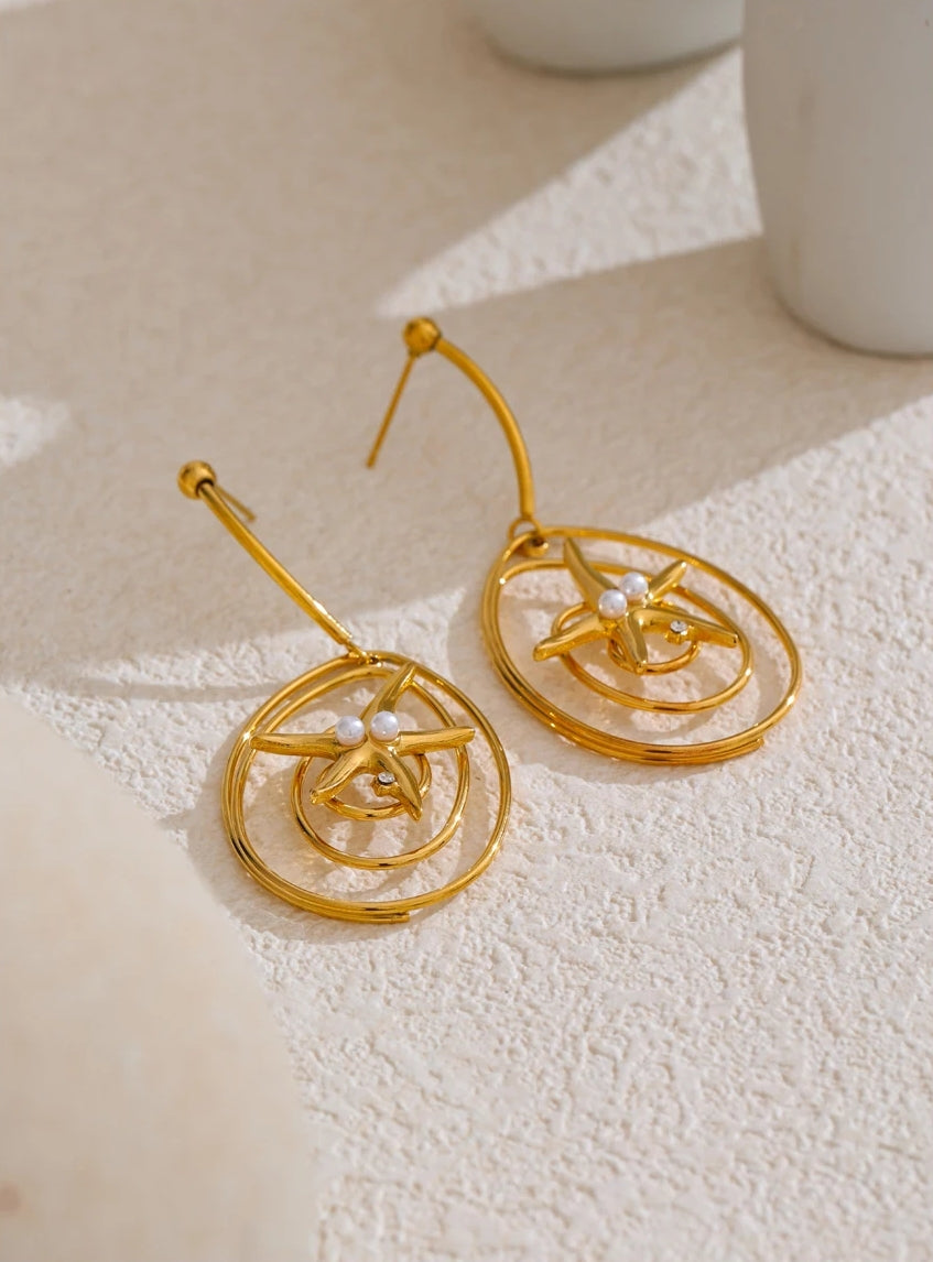 Golden Spiral Starfish Dangle Earrings