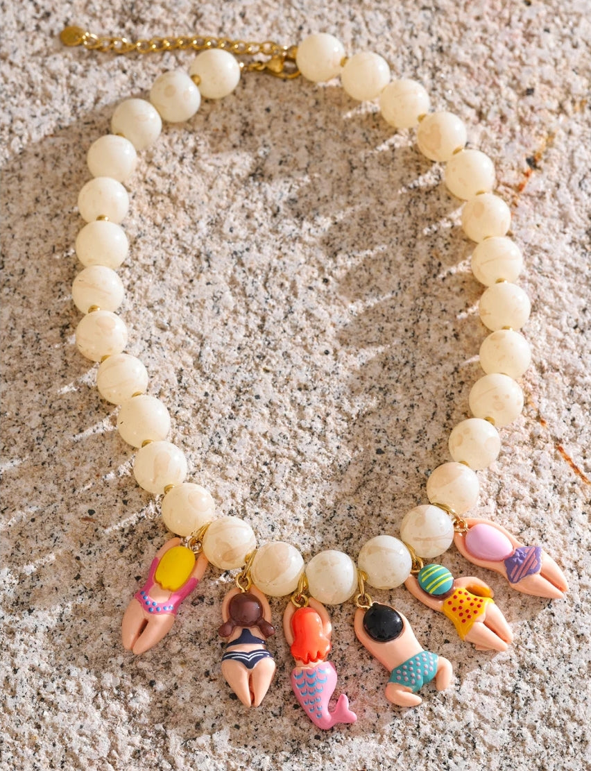 Bikini Dolls & Natural Stone Bead Drop Necklace