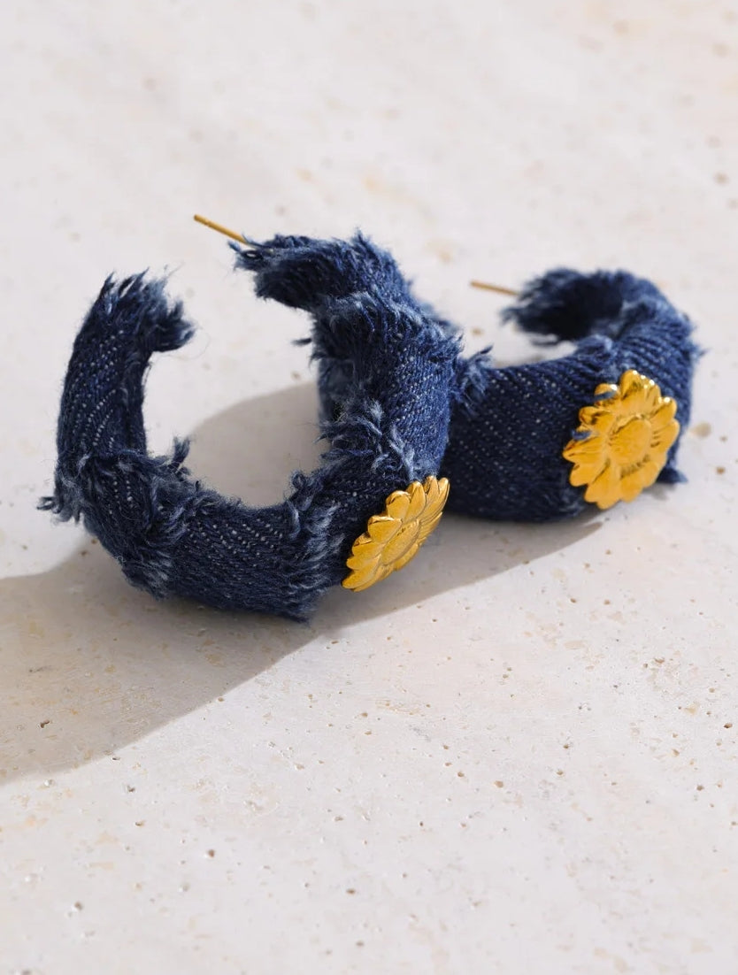 Blue Denim Flower Hoop Earrings