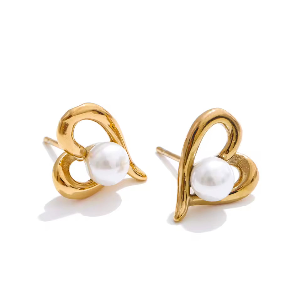 Asymmetrical Heart Pearl Stud Earrings