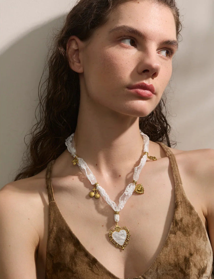 Lace, Cherry & Natural Shell Heart Charm Necklace