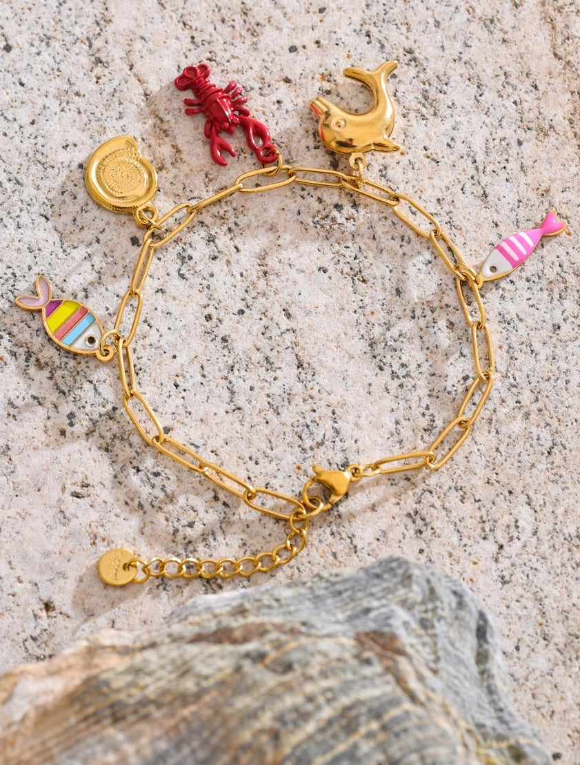 Lobster, Dolphin, Shell & Fish Enamel Charm Bracelet