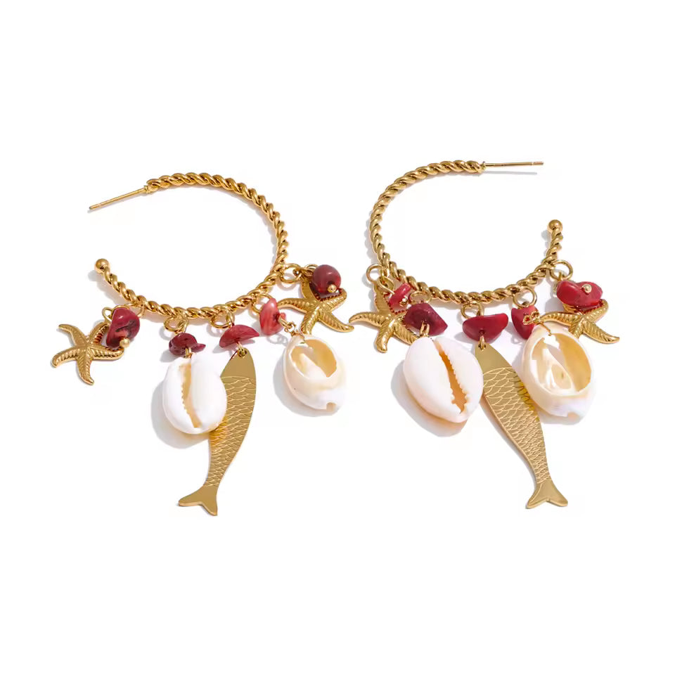 Natural Red Stone & Sea Charms Gold Hoop Earrings