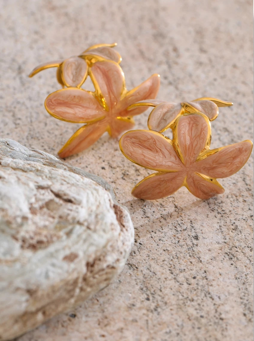 Pink Enamel Golden Flower Huggie Earrings