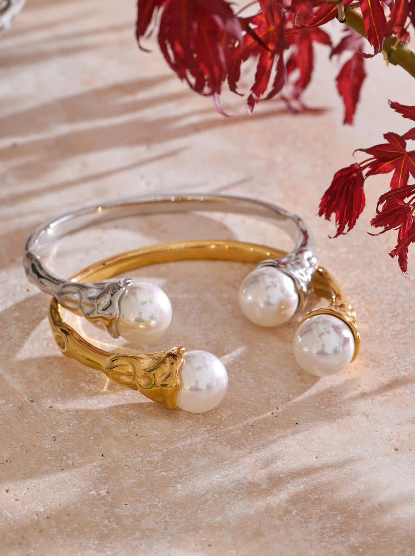 Baroque Style Gold Pearl Open Cuff Bracelet