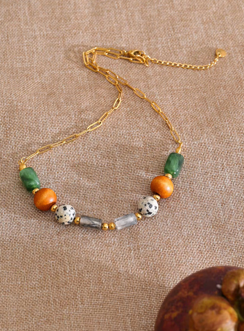 Natural Stone Resin Wood Beads Chain Necklace