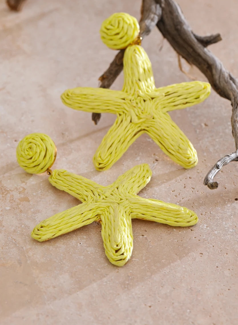 Green Raffia Starfish Dangle Earrings