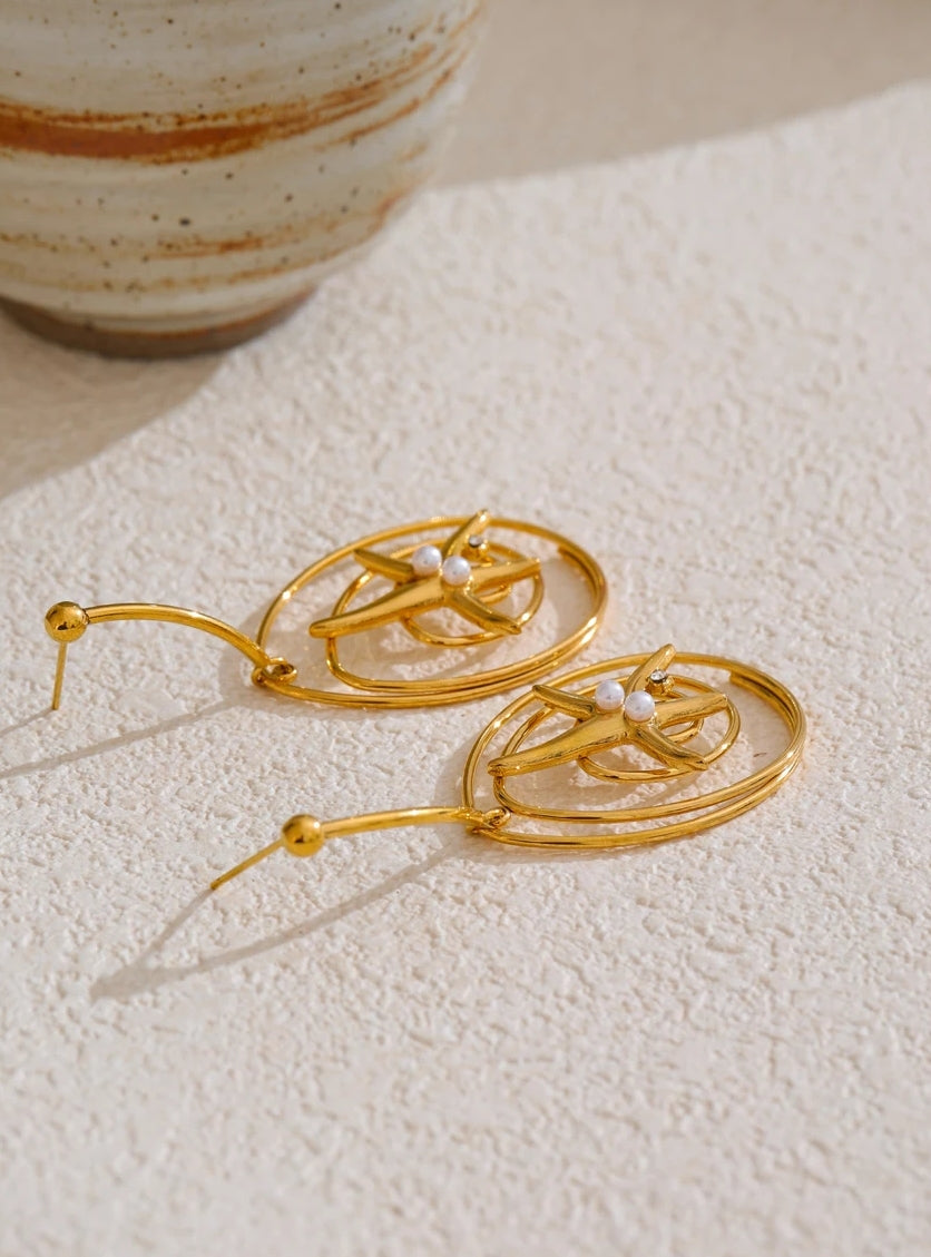Golden Spiral Starfish Dangle Earrings