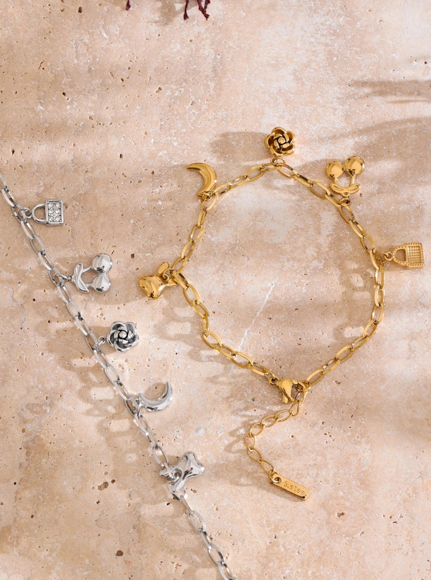 Cherry, Flower, Moon Charm Bracelet