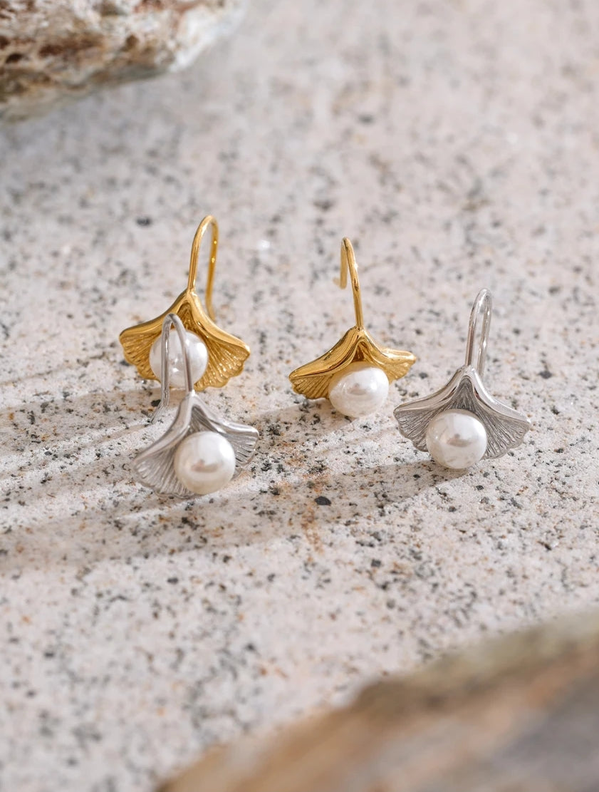 Ginkgo Biloba Dangle Earrings with Simulated Pearl