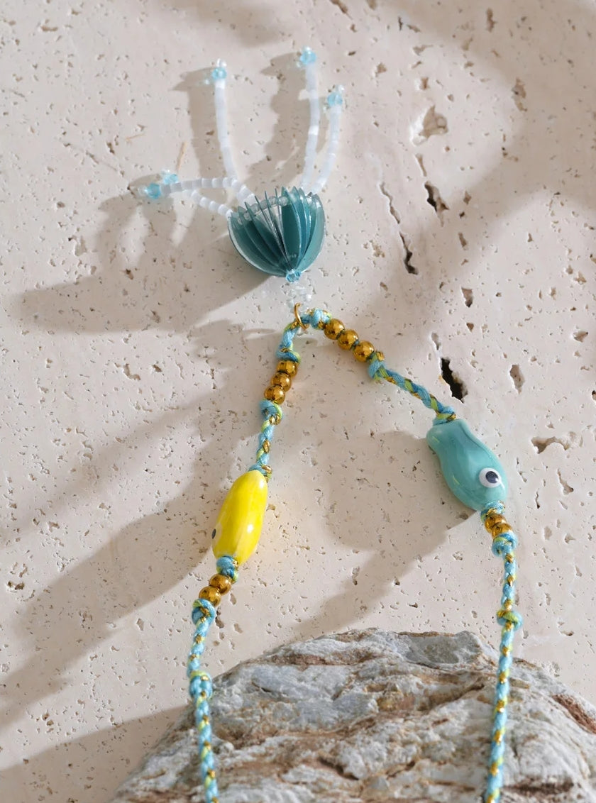 Crystal Jellyfish & Twin Ceramic Fish Nautical Rope Necklace