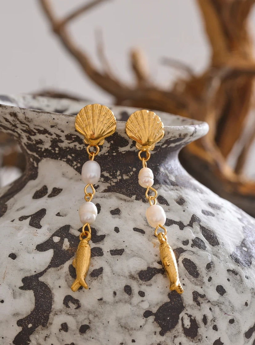 Freshwater Pearl & Ocean Charms Dangle Earrings